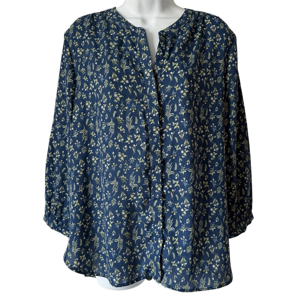Jachs Girlfriend NY Blue Floral Blouse 3/4 Sleeve  Women’s Size Medium
